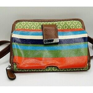 Multi Color Striped Floral Print Coated Canvas Shoulder Bag CrossBody Wallet